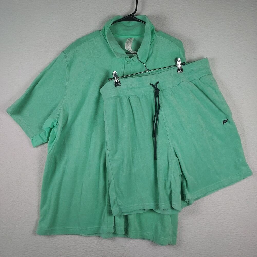 Fabletics Mens Terry Set Green XXL Button Up Shirt XL Drawstring Shorts Casual